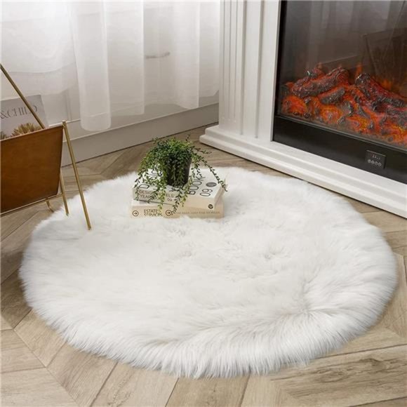 White Round Rugs 5ft Circle Faux Fur Sheepskin Living Room Fluffy Washable Rug - Picture 4 of 6